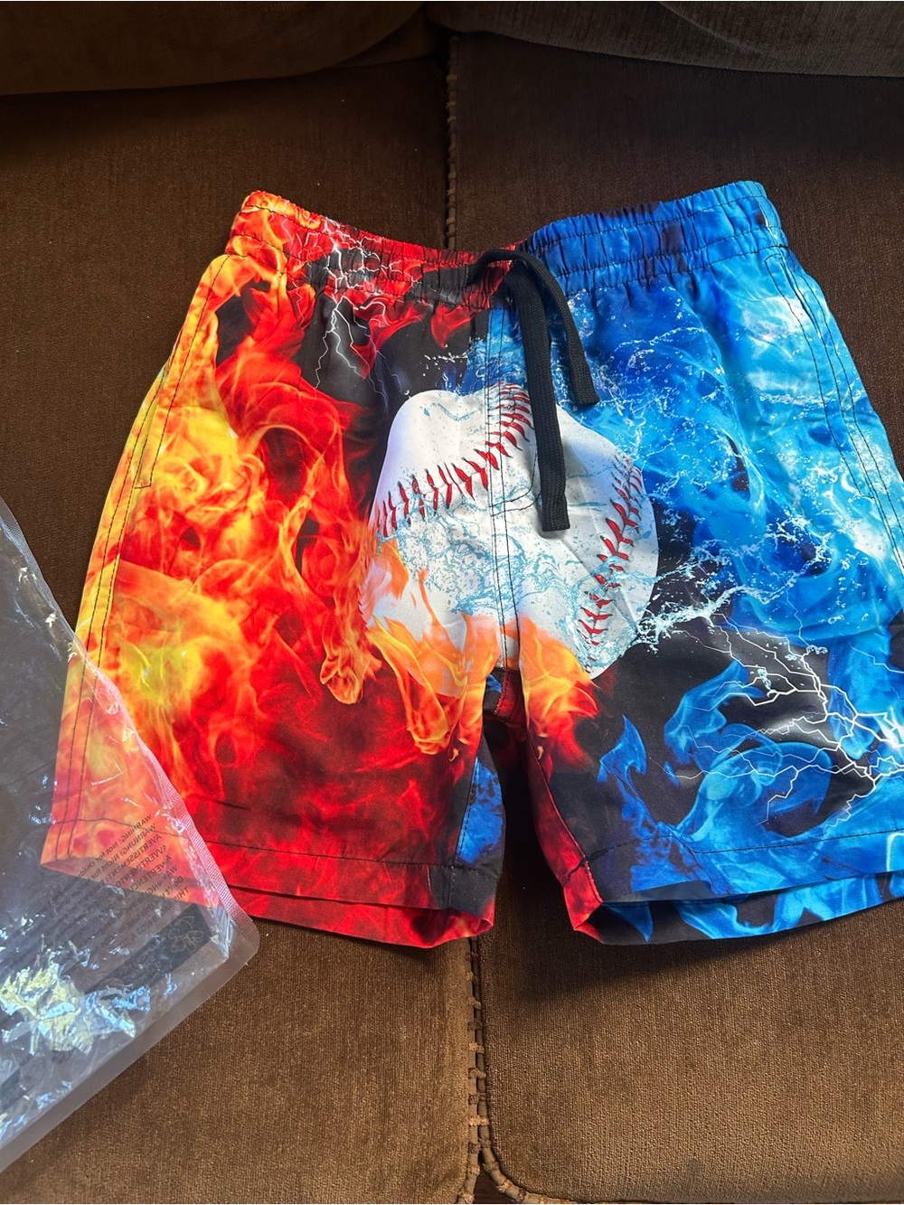 Boys Fire & Ice Baseball Swim Shorts - Red Blue and Black
